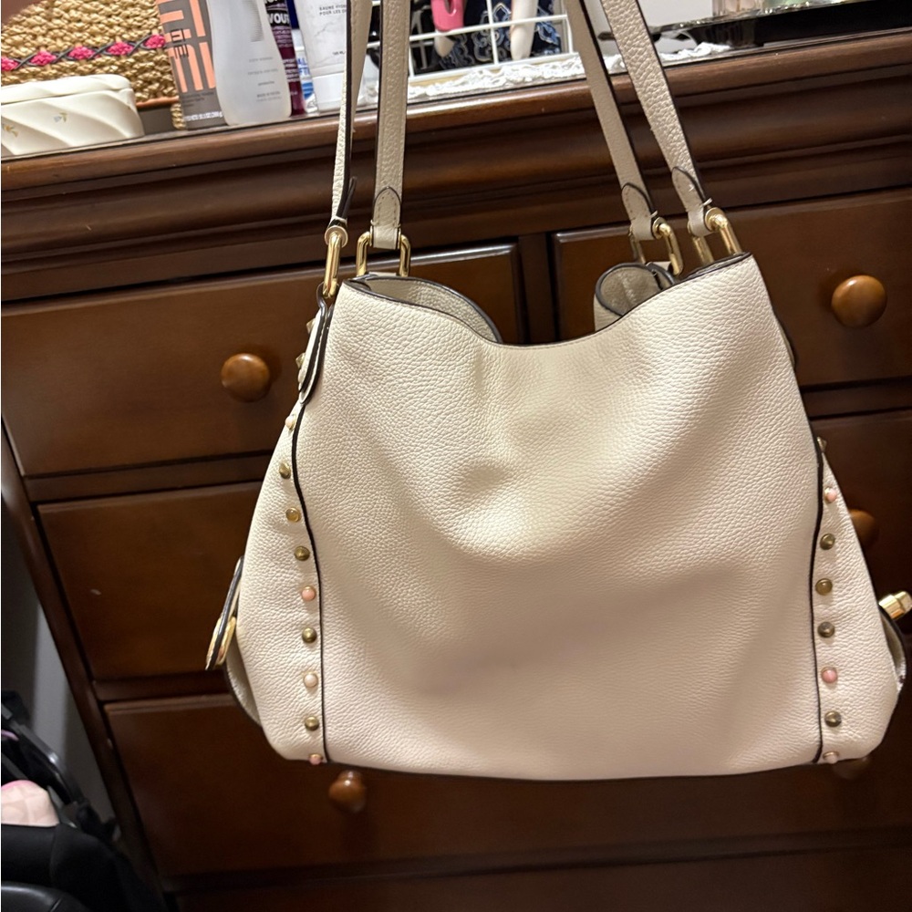 Coach Cream Pebbled Leather Shoulder Tote with Stud Accents - Picture 2 of 8